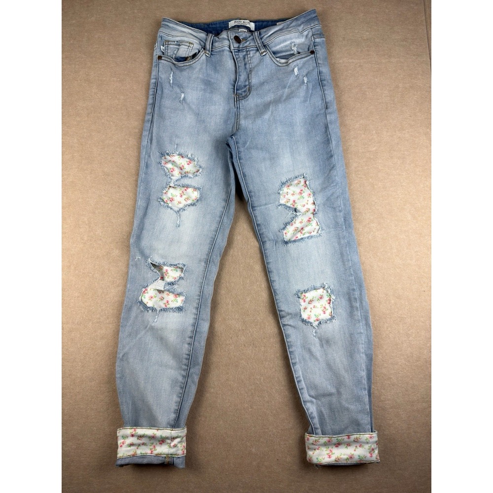Judy Blue Jeans Women 5/27 Light‎ Wash Floral Patch Distressed Skinny Fit Cuffed